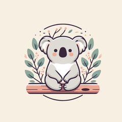 Koala sitting on a eucalyptus tree with a simple and minimalist flat design using a white background.