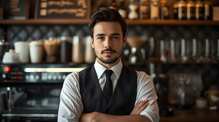 Fototapeta premium friendly barista with drink service focus standing behind bar counter with well-organized bottles and inviting professional attitude wallpaper background