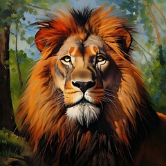 Lion portrait in a lush forest setting