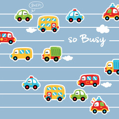 Funny Cartoon Trucks with Road Signs Seamless Kids Pattern 