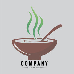 Bowl of hot soup with steam and a spoon, perfect for a restaurant or food business logo design