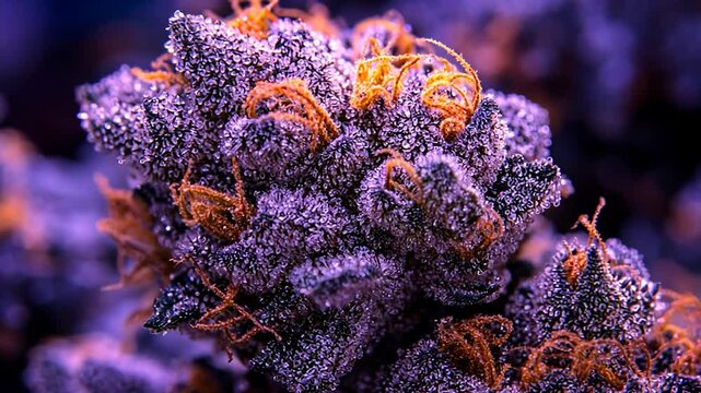 Close up of purple cannabis buds with orange hairs.