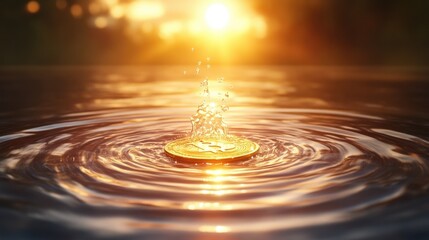Water Drop Creates Ripples on a Lake Surface with Sunlight Reflecting a Golden Hue for a Fresh Water Splash in Clear Background