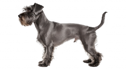 A sleek. gray Schnauzer dog stands proudly in profile against a clean white background. its well-groomed fur and distinct facial features. ideal for pet-related content