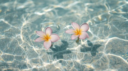 Two delicate, pale pink plumeria blossoms float gently on the surface of tranquil, sunlit water, showcasing beautiful light reflections.