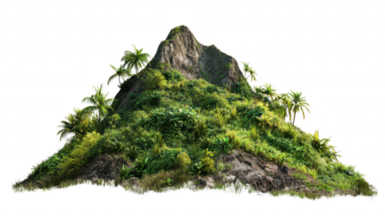 A lush. green tropical mountain covered with dense vegetation and palm trees. set against a bright white background. ideal for nature-themed projects or illustrations