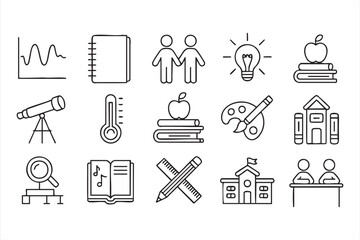 Outline icons of school materials featuring globe, microscope, and graduation cap