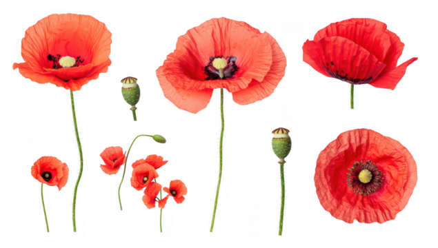 A collection of red poppy flowers in various stages of bloom. their delicate petals and seed pods against a clean white background. ideal for nature-themed projects - Powered by Adobe