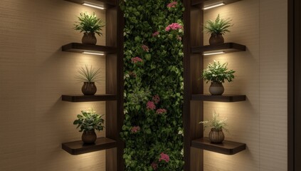 A vertical display of shelves, featuring potted plants, is illuminated by subtle LED lights, creating a tranquil and inviting atmosphere.