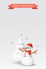 Merry Christmas calligraphy with 3D cute snowman wearing Santa hat and decorated white Christmas tree on light gray vertical background graphic illustration have blank space.