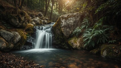 A tranquil waterfall cascades down mossy rocks in a lush, forested setting, bathed in soft, natural light.