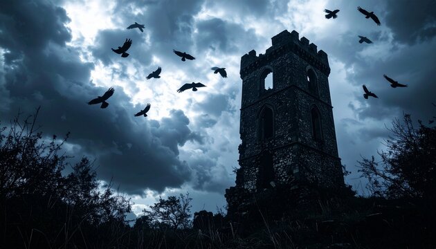 Dark, Stormy Skies Over Ancient Ruins with Birds Silhouetted Against the Clouds - Powered by Adobe