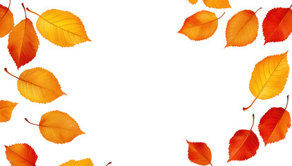 Obraz premium A arrangement of orange and yellow autumn leaves scattered gracefully on a clean white background. perfect for seasonal decoration or nature-themed projects