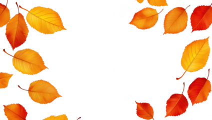 A arrangement of orange and yellow autumn leaves scattered gracefully on a clean white background. perfect for seasonal decoration or nature-themed projects