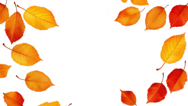 A arrangement of orange and yellow autumn leaves scattered gracefully on a clean white background. perfect for seasonal decoration or nature-themed projects