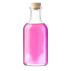 A clear glass bottle filled with pink liquid. featuring a cork stopper. set against a clean white background. ideal for use in health. wellness. or culinary contexts