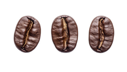 Three roasted coffee beans arranged symmetrically on a clean white background. their rich texture and color. ideal for food and beverage photography