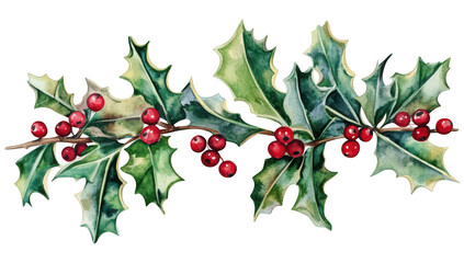 A beautifully illustrated watercolor depiction of holly leaves and red berries. the natural beauty of winter foliage. perfect for seasonal decoration or greeting cards