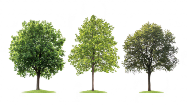 A trio of trees seasonal changes in foliage. from green in summer to golden hues in autumn and bare branches in winter. set against a neutral background