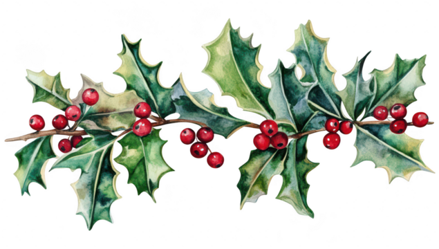 A beautifully illustrated watercolor depiction of holly leaves and red berries. the natural beauty of winter foliage. perfect for seasonal decoration or greeting cards