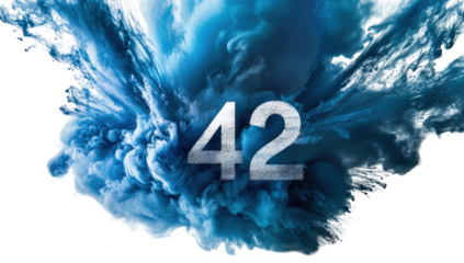 A explosion of blue paint creates a dynamic visual effect. with the number 42 prominently displayed in the foreground. suggesting creativity and energy in a modern artistic setting