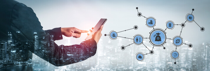 A modern representation of digital finance showcasing a business professional using a smartphone...