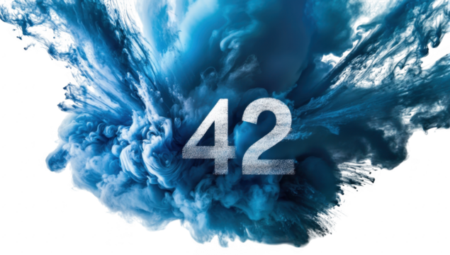 A explosion of blue paint creates a dynamic visual effect. with the number 42 prominently displayed in the foreground. suggesting creativity and energy in a modern artistic setting