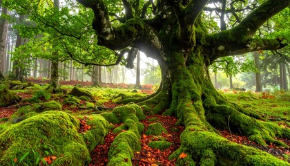 Majestic ancient tree in a misty forest