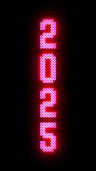 2025 neon glowing digital text animation on black background, futuristic bright red LED numbers, modern new year celebration