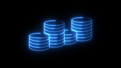 Pile of coins neon glowing icon on black background, money currency symbol, financial wealth design, digital banking