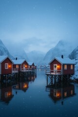 Fototapeta premium Dreamy Nordic Christmas Landscape Cozy Red Cabins in Snowy Landscape with Calm Water Reflection