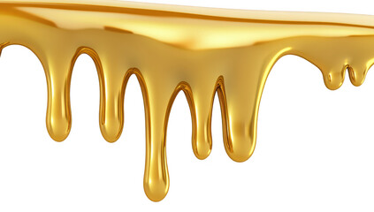 A close-up view of golden syrup dripping gracefully from a surface. highlighting its glossy texture against a white background. ideal for culinary or product promotion use