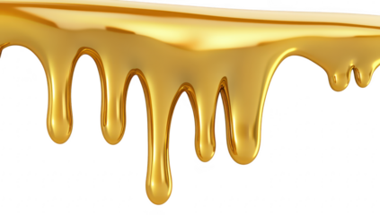 A close-up view of golden syrup dripping gracefully from a surface. highlighting its glossy texture against a white background. ideal for culinary or product promotion use