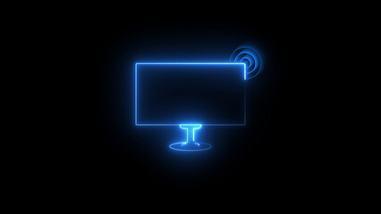 Smart TV network or TV cast icon neon glowing animation on black background, digital streaming device symbol,