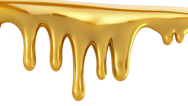 A close-up view of golden syrup dripping gracefully from a surface. highlighting its glossy texture against a white background. ideal for culinary or product promotion use
