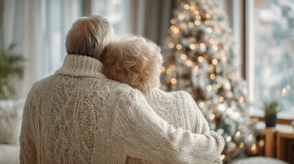 Senior couple hugs, back view in off-white sweaters, admiring Christmas tree in minimal living room.