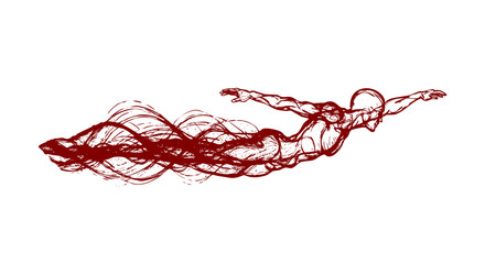 Dynamic Swimmer in Red Ink Brushstroke Style