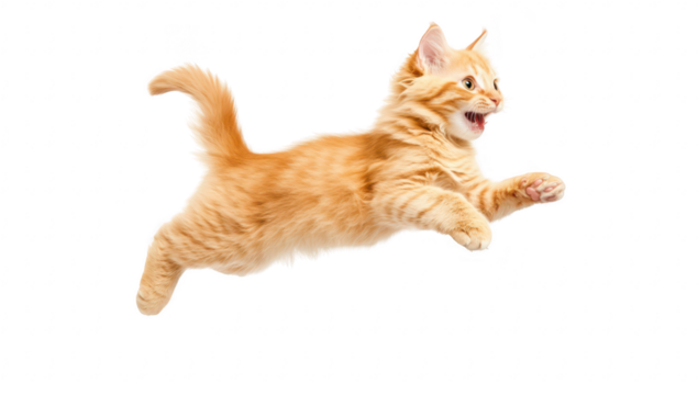 A playful orange tabby cat leaps joyfully against a clean white background. its fur and energetic spirit. perfect for pet-related content or animal-themed projects
