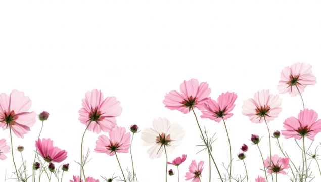 A display of pink and white cosmos flowers blooming in a sunny garden. creating a serene atmosphere with a clear blue sky in the background. ideal for nature-themed projects
