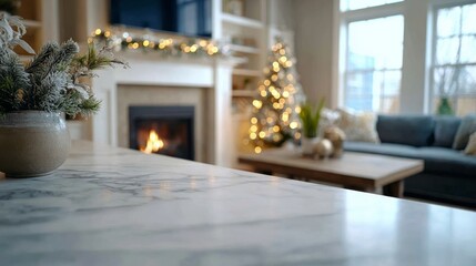 Empty white marble counter before fireplace, modern Christmas decor in calm festive elegance.