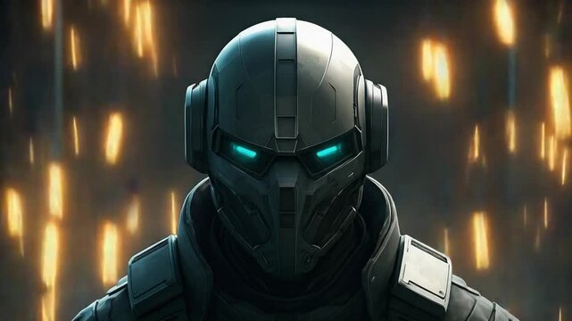 Futuristic armored combatant with piercing glowing eyes embodying advanced technology and strategic defense