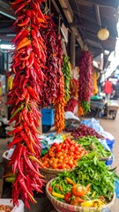 Hanging peppers in a vibrant market