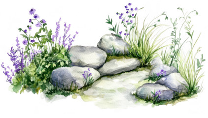 A serene garden pathway adorned with smooth stones. surrounded by purple flowers and lush green grass. creating a tranquil natural setting perfect for relaxation and inspiration