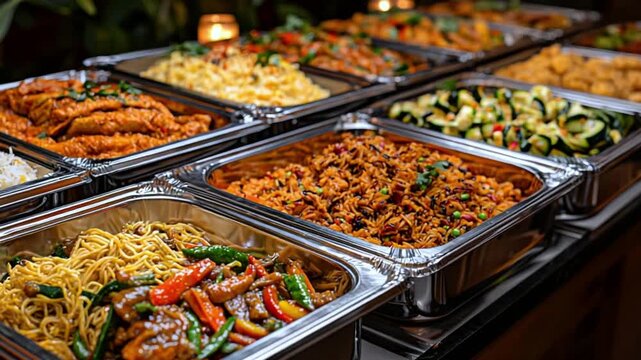Asian food catering buffet for a party event, variety of delicious dishes on a restaurant buffet line, close up of food in stainless steel chafing dishes

