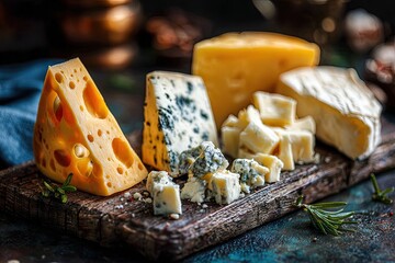 Assorted Cheeses On Wooden Board