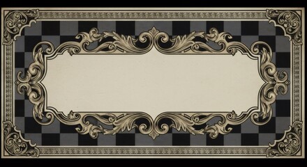 Ornate golden baroque frame with blank space on a checkered background, for a freemasonry certificate, diploma, invitation, or antique decorative design.