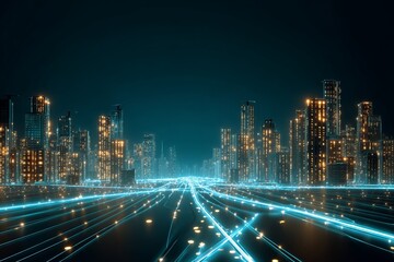 Obraz premium Futuristic digital cityscape with glowing network lines