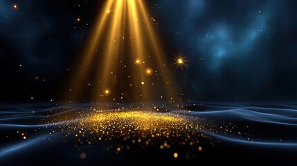 Obraz premium Golden dust sparkles on dark black background concept. Golden light rays illuminating sparkling particles in dark space.