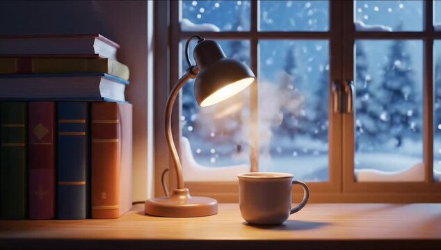 Cozy winter scene with books coffee and a warm light by a snowy window. seamless looping time-lapse animation video background - Powered by Adobe