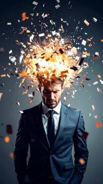 Stressed businessman with explosion of paper and fire from head representing burnout and overwork in a blue suit with a neutral background